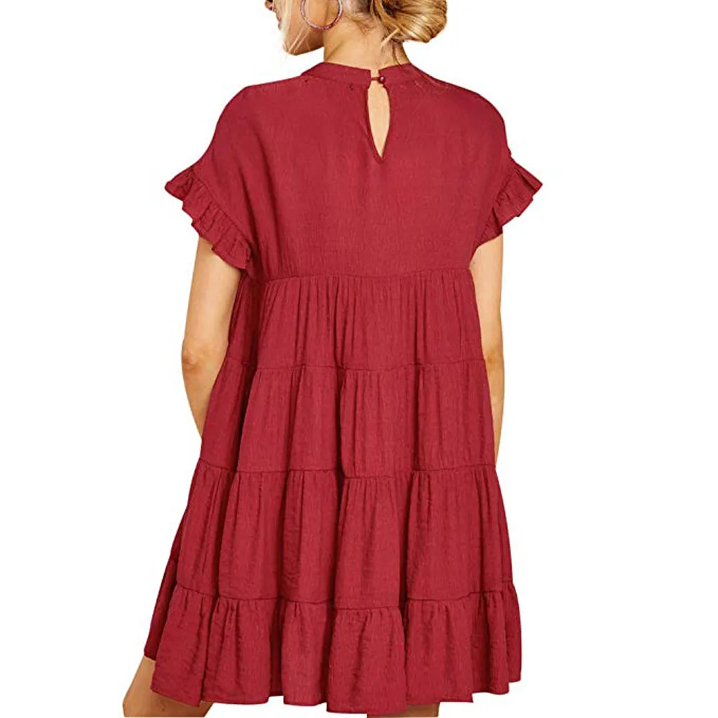 Women Summer Ruffle Sleeve Dress Casual Boho Solid Plain Short Sleeve A-Line Dress Female Loose Swing Party Mini Dress Vestidos