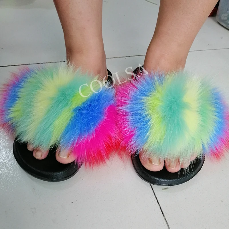 COOLSA Hot Women's Striped Plush Fur Slippers Super Fluffy Furry Fox Fur Slides Travel Quick Drying Beach Flip Flops Plus Size