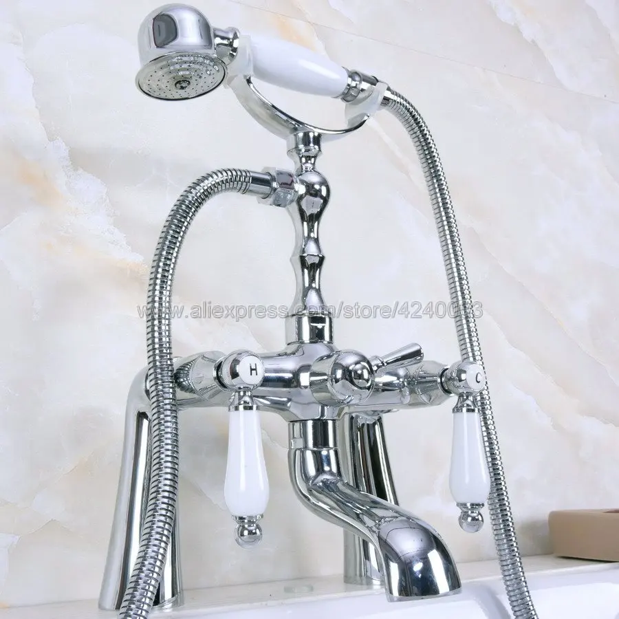 

Polished Chrome Dual Handle Bathroom Tub Faucet Deck Mounted Bathtub Mixer Taps with Handshower Kna110