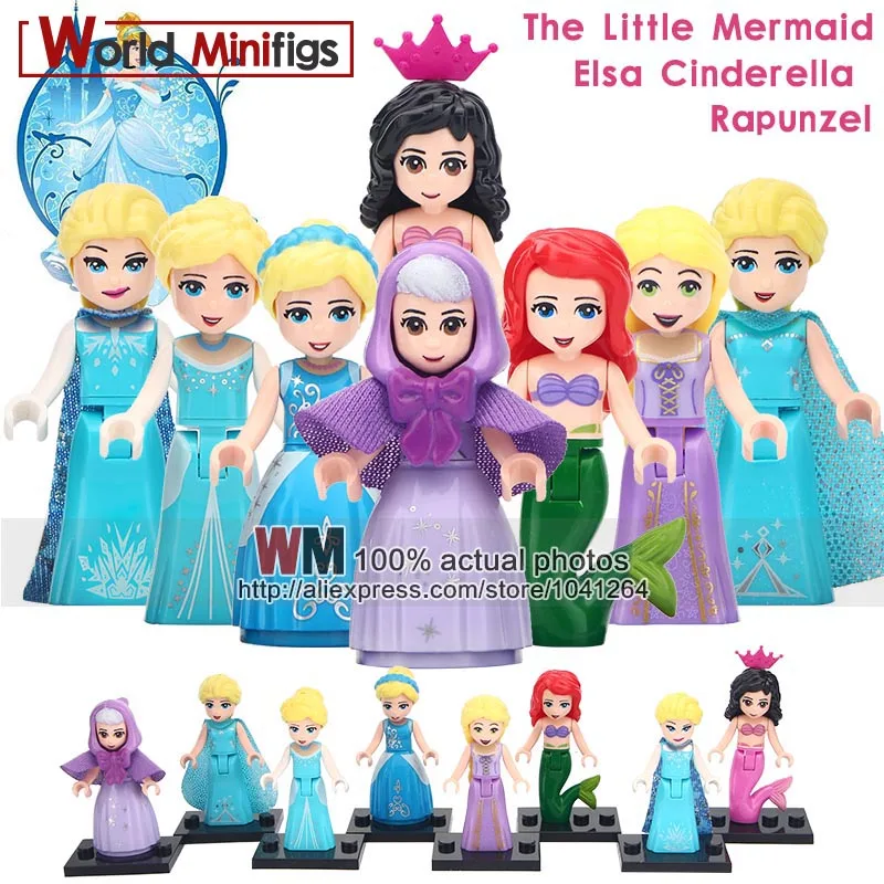 

1 Lot of Happy Series Princess Elsa Cinderella Primce Eric Ariel Anna Aurora Action Building Blocks Children Gift Toys