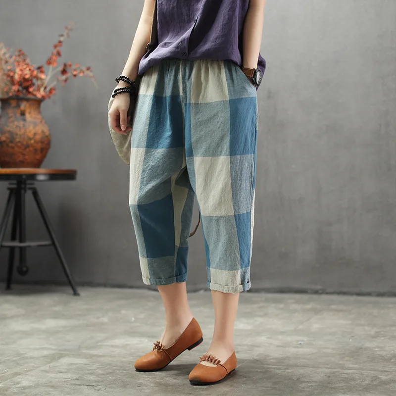 

BUYKUD Casual Black Blue Green Plaid Harem Pants Women Summer Vintage Pants Clothes Calf-Length Loose Elastic Pants Clothing