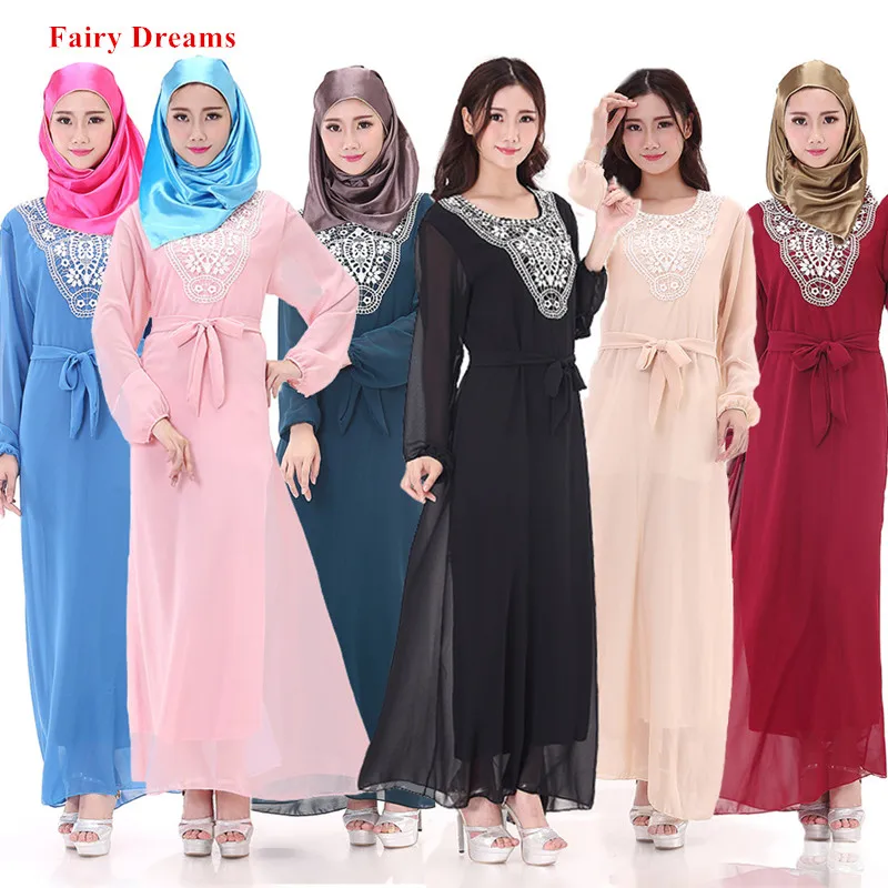 

Women Abaya Islamic Clothing Chiffon Bandage Maxi Muslim Dress Red Black Blue Pink Caftan Bangladesh Kaftan Dubai Turkey Robe