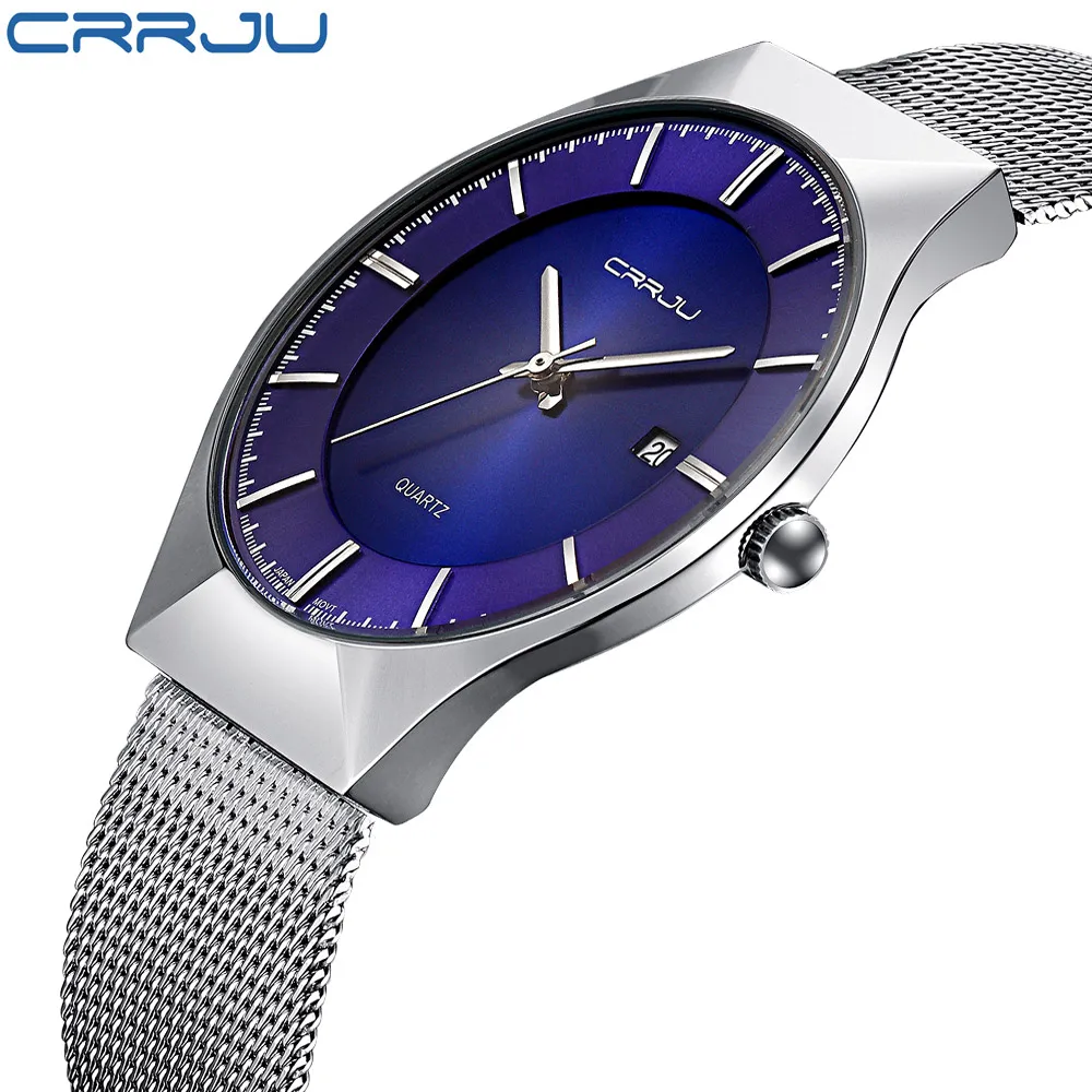 

CRRJU Top Brand Luxury Watches Men Ultra Thin Stainless Steel Mesh Band Quartz Fashion Casual Business Male Female Wristwatch