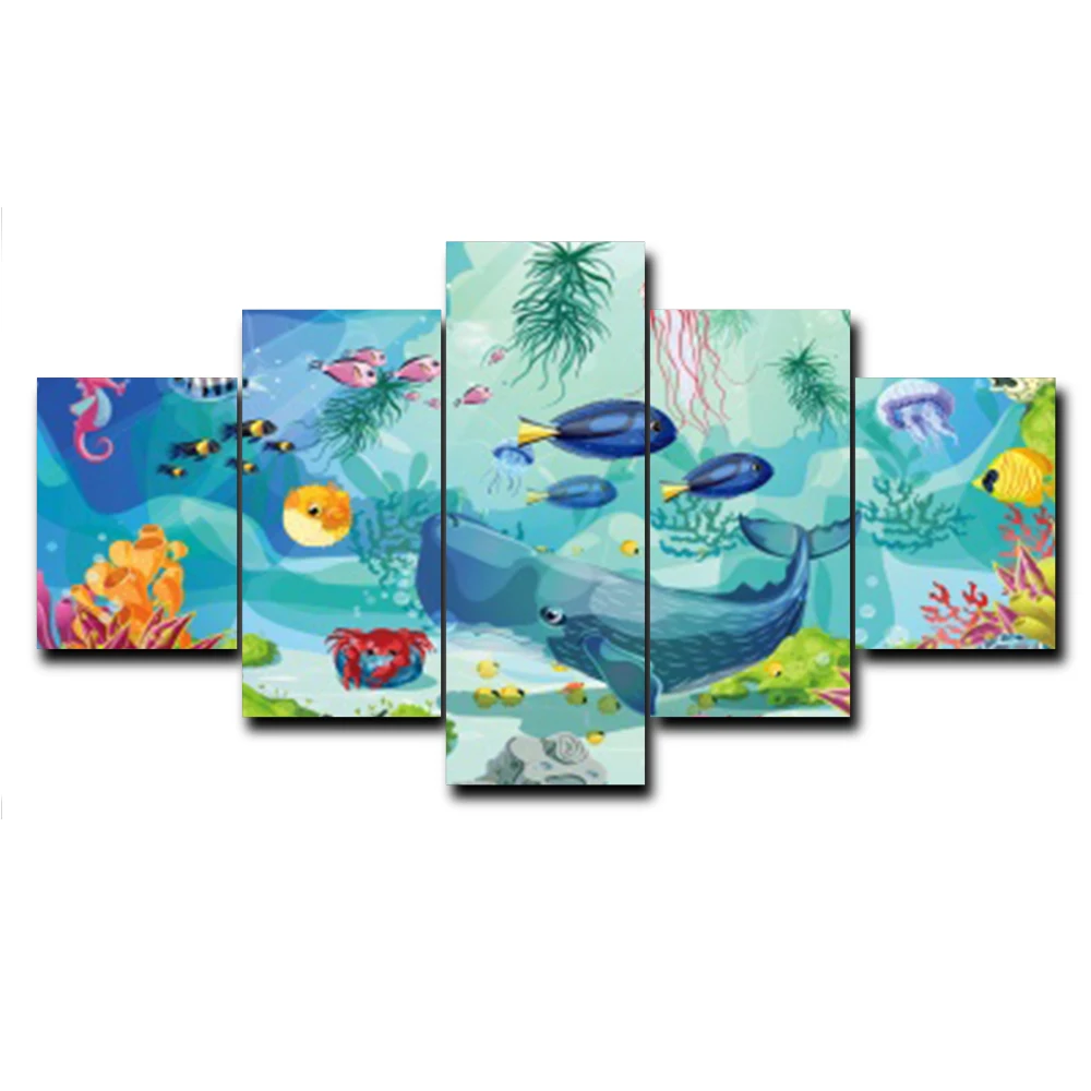 

Watercolor Graffiti 5 Panel Underwater Vintage Animal Posters and Prints Art Canvas Painting Living Room Home Decor No Frame