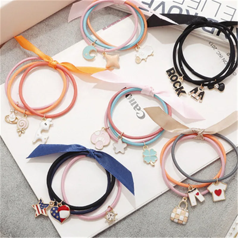 

1Pack=3Pcs Bow Elastic Rubber Bands Girl Candy Color Headwear Ribbon Women Hair Accessories Cat Star Pattern Scrunchy Ornaments