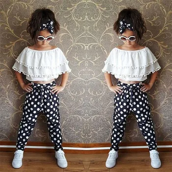 

Fashion Kids Baby Girl Chiffon Ruffle Tops Off-shoulder T shirt+Trousers Pants Outfit Sets