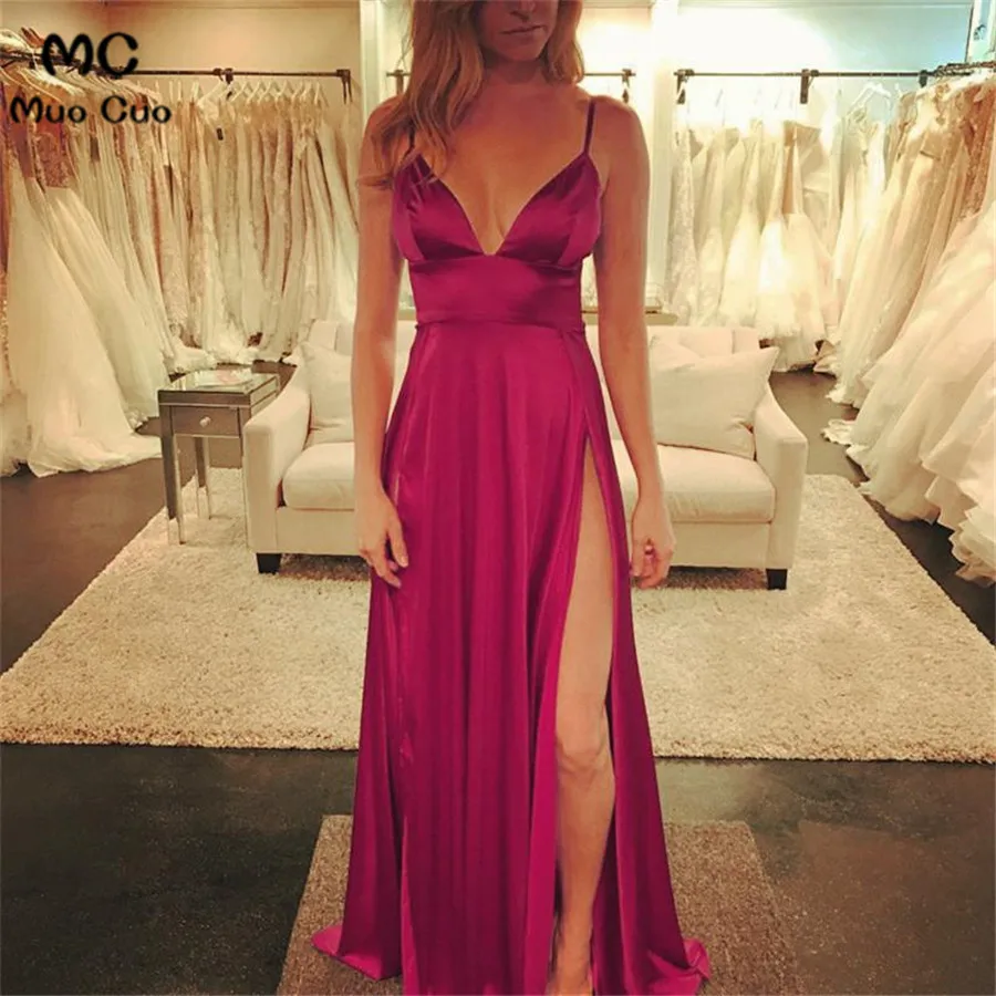 A-line V-neck Long Satin Evening Dresses Split Prom Gowns 201888