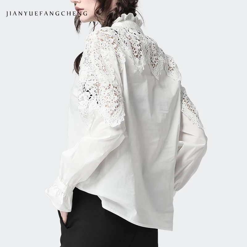 Модная женская белая блузка, вышитый бисером хлопковый топ, открытые плечи, стоячий гофрированный воротник, рубашки с длинным рукавом, элегантные офисные блузки