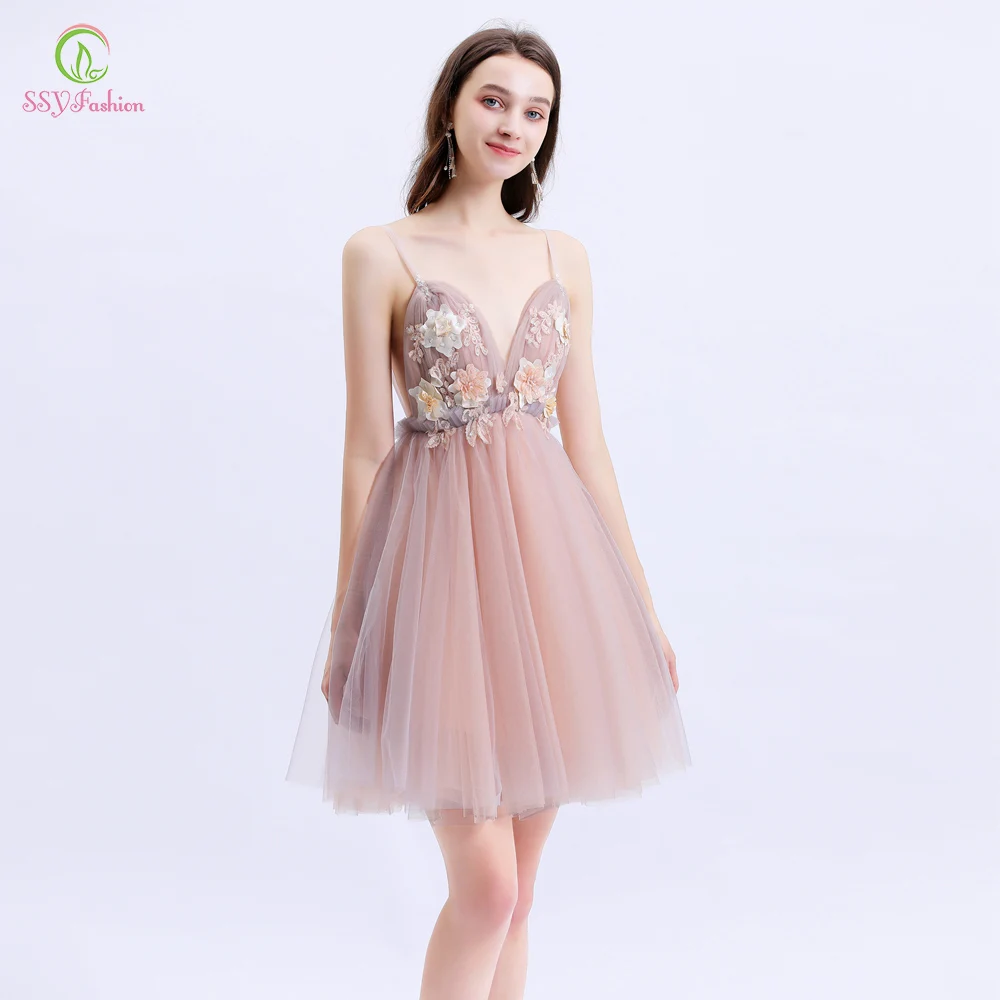 

SSYFashion New Sexy Cocktail Dresses V-neck Mini Short Lace Appliques Beading Backless Formal Party Gowns Vestidos De Noche