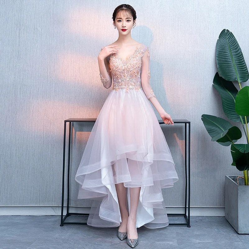 SSYFashion New Evening Gowns Nude Pink V-neck 3/4 Sleeves Lace Appliques Beading Floor-length Banquet Elegant Formal Dresses pink ball gown