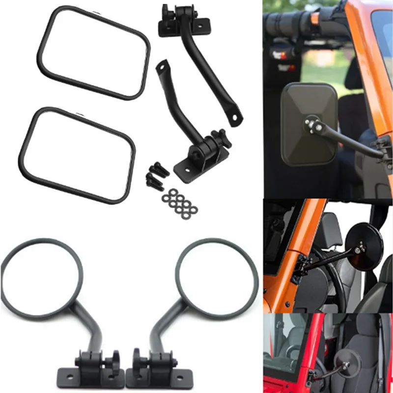 

2 Pcs Black Metal Car Side Door Rear View Mirrors For Jeep Wrangler JK TJ LJ Adjustable Shape Angle Lens Blind Spot Screws Hoods