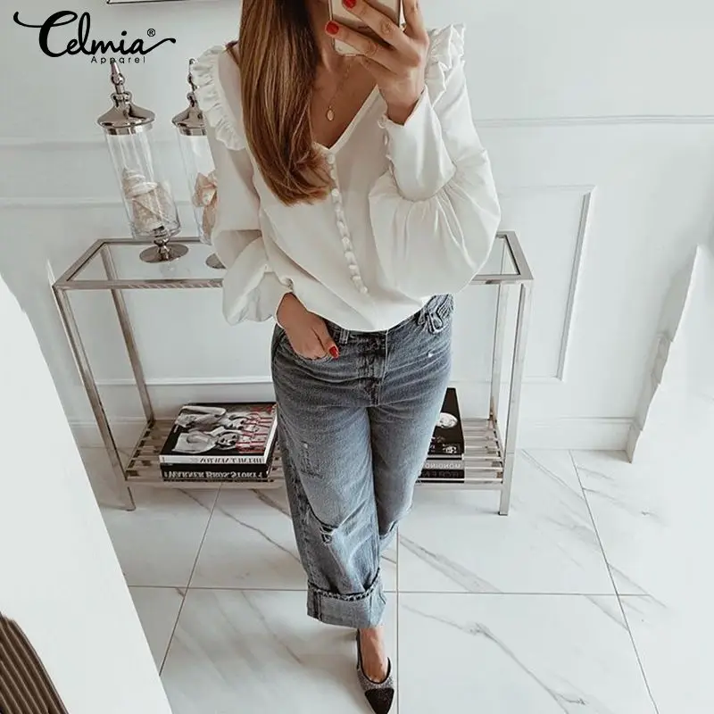 Autumn Women Shirts Blouses 2019 Celmia Sexy V Neck Long Sleeve Casual Solid Ruffled Tunic Top Button Plus Size Blusas Femininas - 33046357946