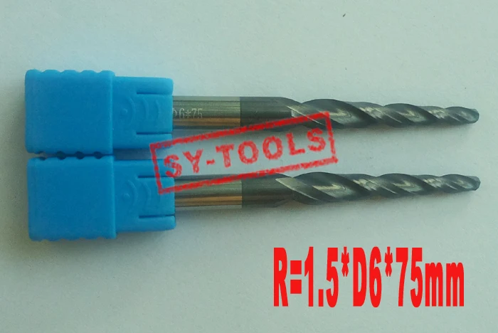 

2PCS R1.5*D6*30.5*75L*2F HRC55 Tungsten solid carbide Coated Tapered Ball Nose End Mill taper and cone endmills