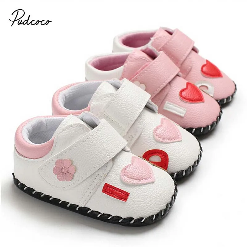 

2019 Brand Newborn Baby Girl Soft Sole Crib Shoes Lovley Infant Boy Girl Toddler PU Flower Heart Sneaker Anti-Slip Soft 0-18M