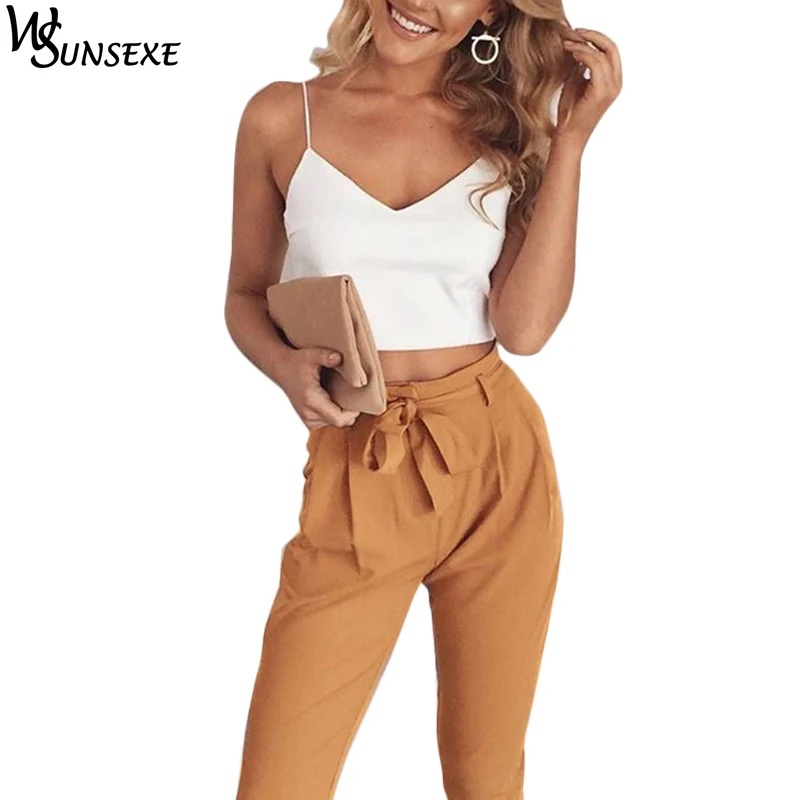 

Summer Women Two Piece Set Bow Tie Waist Outfits Pants and V Neck Slim Crop Tops Suits Female Casual Office Wear 2 Piece Sets
