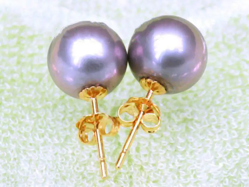 

Solid Yellow Gold 8.5-9mm Round Violet Gray South sea Stud Pearl Earrings
