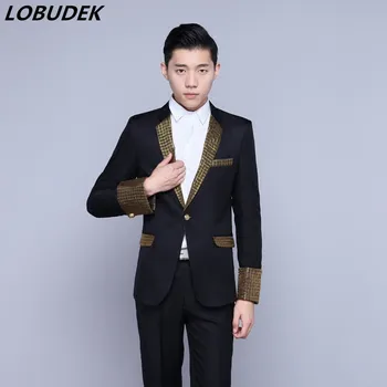 

Black white Formal male suits Prom stage men's singer Host performance costumes Wedding groom slim fashion Suit Shoot clothing