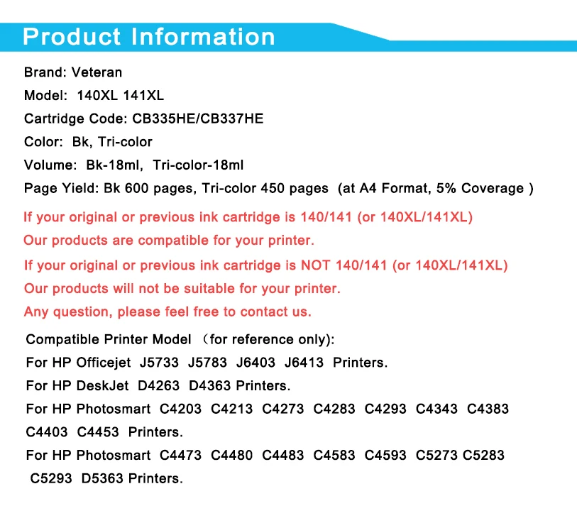 Ветеран 140XL 141XL чернильный картридж Замена для hp 140 141 XL hp140 Photosmart C4283 C4583 C4483 C5283 Deskjet