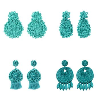 

Girlgo Brand Za Handmade Blue Beads Drop Earrings For Women Big Flower Round Beaded Dangle Statement Earrings Valentine Jewelry