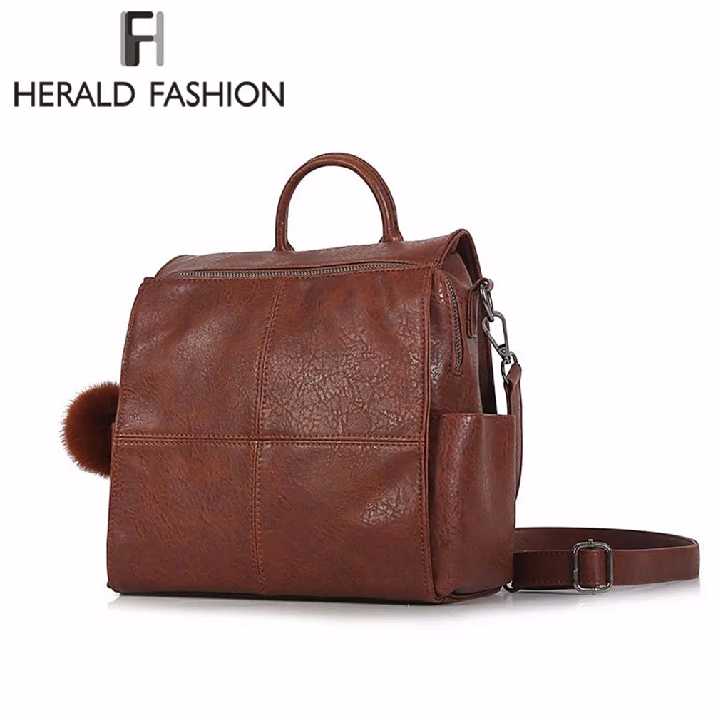 

Herald Fashion Quality Women Leather Backpack With Hairball School Bag For Teenage Girls Female Vintage Shoulder Bag Mochila