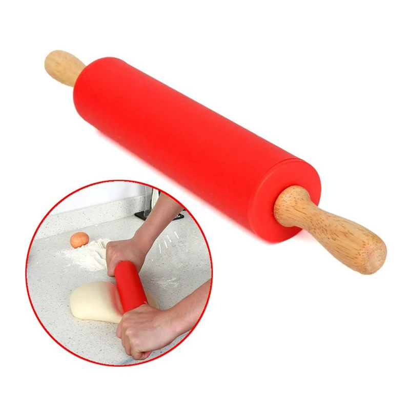 JX-LCLYL 12" Kitchen Wooden Flour Pastry Dough Handle Roller Silicone Rolling Pin Stick