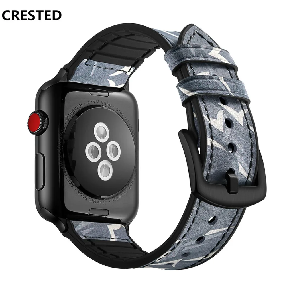 

CRESTED Leather strap For Apple watch band 42mm(44mm) 38mm(40mm) silicone iwatch series 4/3/2/1 wrist camouflage bracelet belt