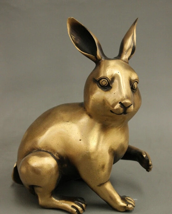 

9" Folk Chinese Feng Shui Bronze Year Zodiac Wealth Lucky Rabbit Copper Statue