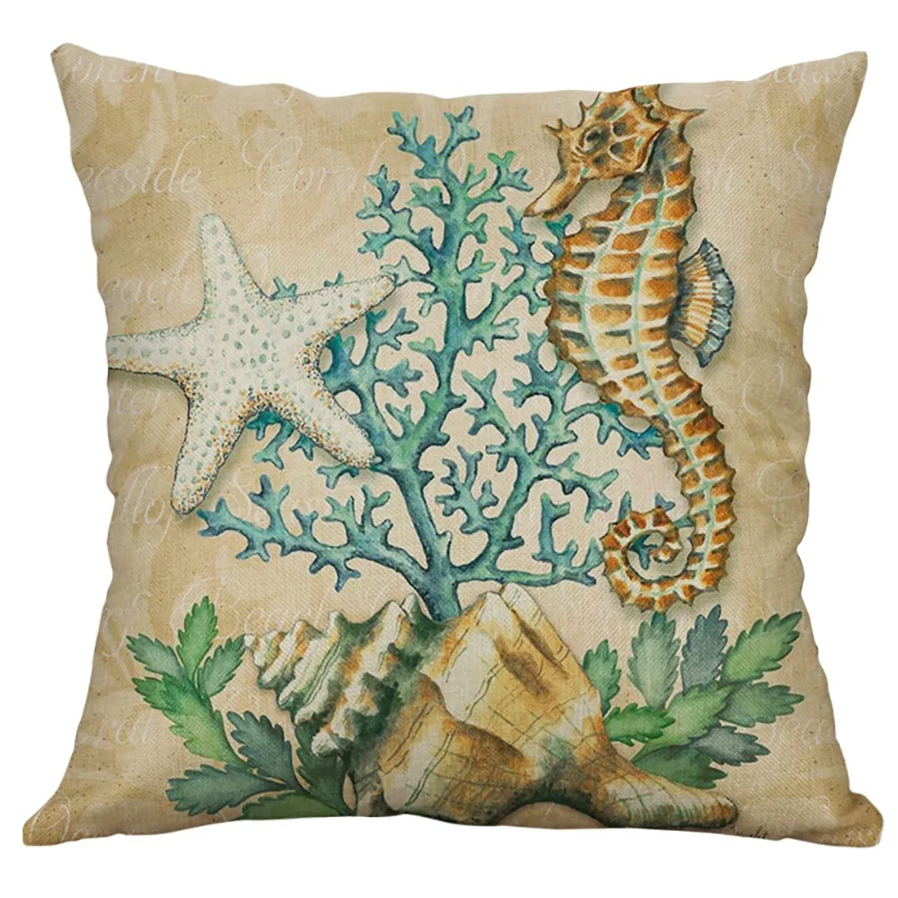 

NAI YUE Square Flax Linen Blend Cushion Cover Simple Mediterranean Retro Conch Shell Sea Creatures Pillow Cover Pillowcase Home