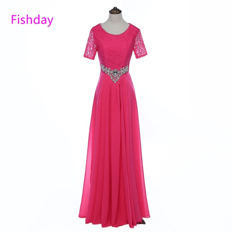Fishday Evening Dress Rose Elegant Lace Chiffon Long Crysta Party
