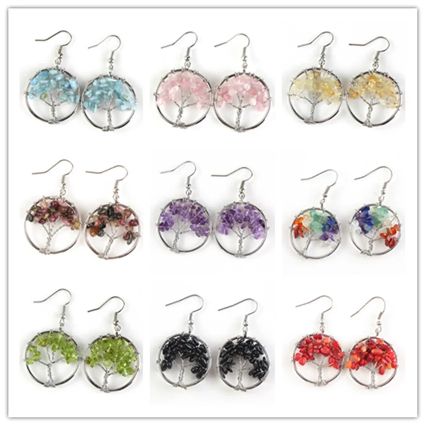 

FYJS Unique Silver Plated Wire Wrap Tree of Life Amethysts Stone Drop Earrings Rose Pink Quartz Jewelry