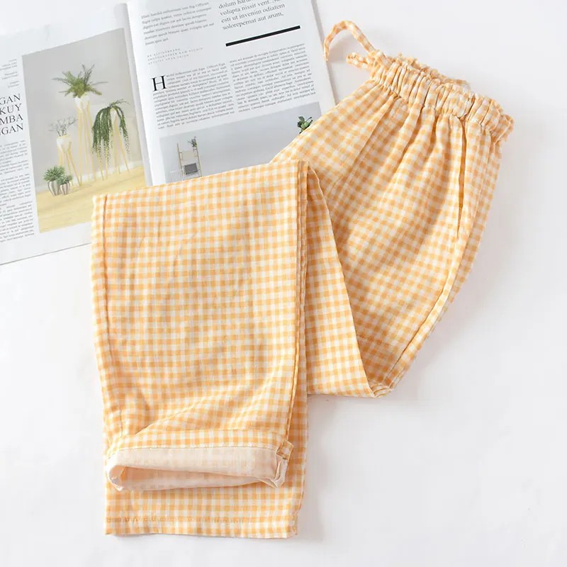 Весенние и летние домашние штаны для пары, женские хлопковые двойные газовые Тонкие штаны для сна, повседневные пижамы с принтом