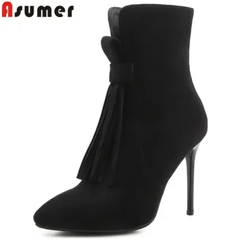 

ASUMER plus size 33-46 fashion autumn winter boots women pointed toe zip flock ankle boots thin high heels ladies boots fringe