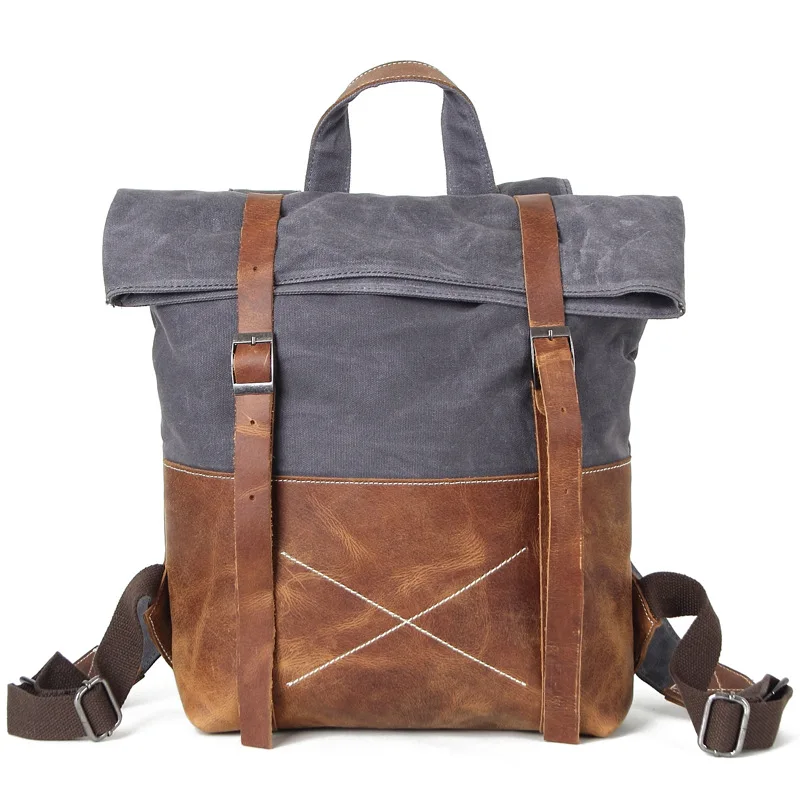 Модные унисекс Твердые масла Вощеная парусина кожаные рюкзаки крест-накрест водонепроницаемый рюкзак для мужчин для путешествий 1" ноутбук обратно пакеты - Цвет: Темно-серый