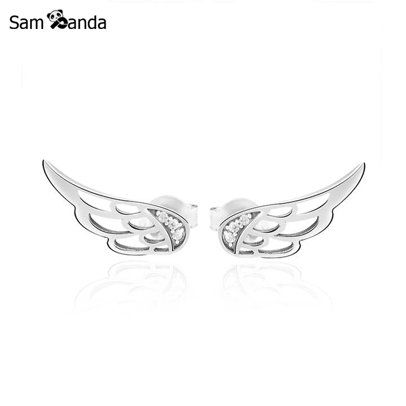 

925 Sterling Silver Stud Earrings For Women Feather Fairy Wings Earings Crystal Earring Pendientes Fashion Jewelry