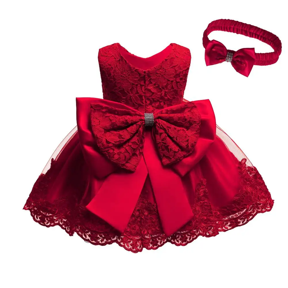 red Kidlove/милое Пышное кружевное платье принцессы с бантом+ повязка на голову - Color: red