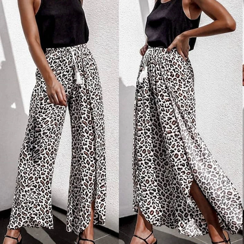 

2019 Women Casul Baggy Split Wide Leg Leopard Long Pants Summer Casual Warp Trousers