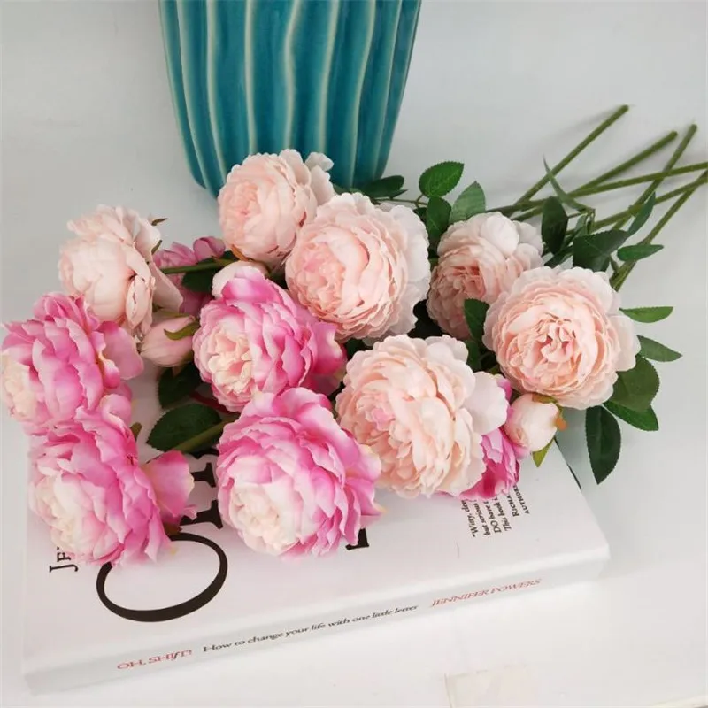 Flone 3 Heads European Style Elegant Artificial Peony Flowers Simulation Silk Flowers Branch Wedding Home Party Decoration  (1)