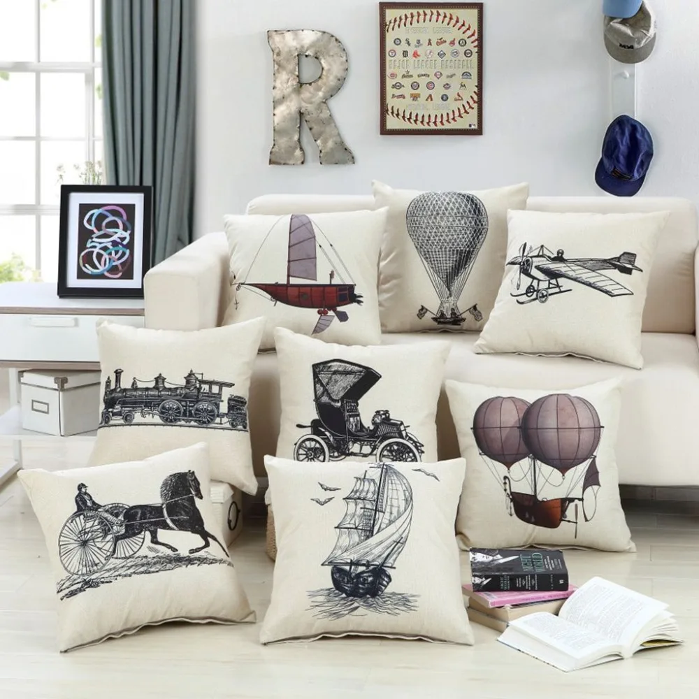 

Hot Air Balloon Airplane Printed Cotton Linen Cushion Cover Decorative Pillow Cases Vintage Square Seat Pillow Covers Home Decor