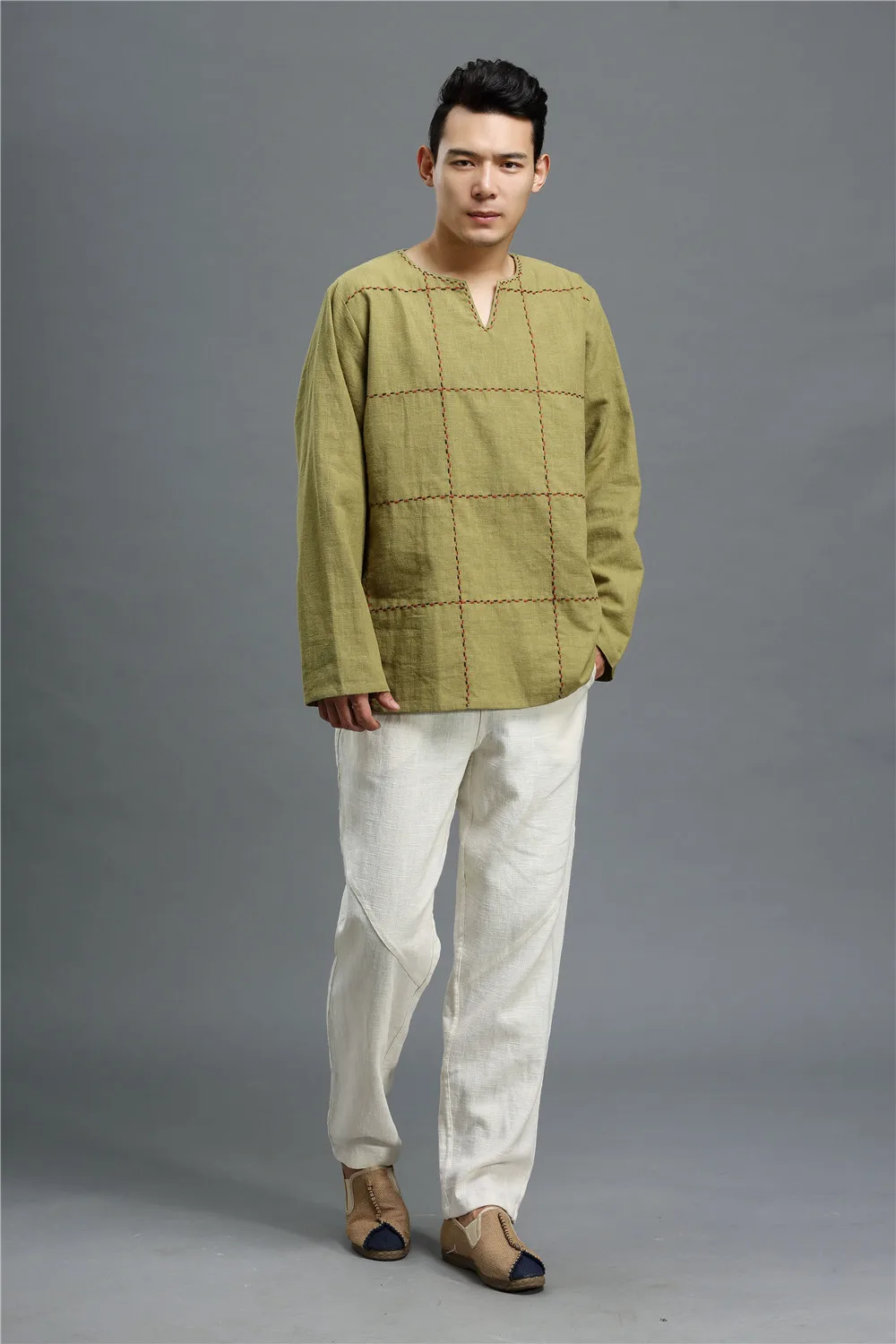 Осень народном стиле 4 вида цветов Мужская рубашка Мода литературный вышивка V воротник чистое белье мужские рубашки рубашка