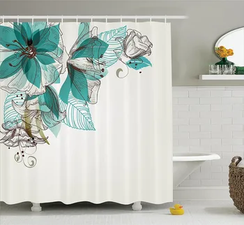 

Modern Print Bathroom shower curtain Vintage Style Flowers Buds with Leaf Retro Art Season Celebration Teal Brown White