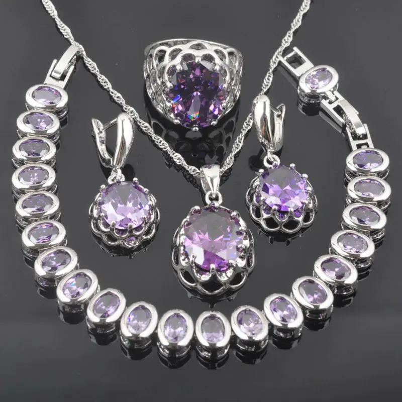 

FAHOYO Unique Purple Crystal Zirconia For Women 925 Sterling Silver Jewelry Sets Bracelet Necklace Pendant Earrings Ring QS0166