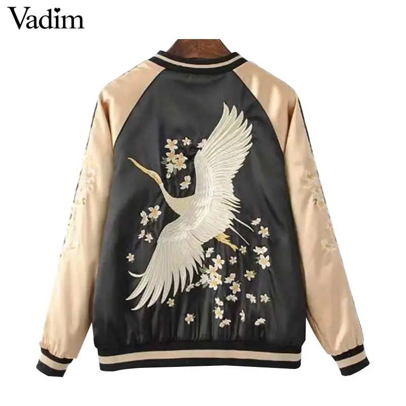 Vadim women crane bird floral embroidery bomber jacket