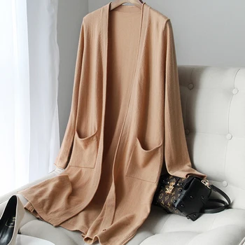 

Long Jackets 100% Pure Cashmere Knitted Women Sweater Outerwear Hot Sale New Fashion Ladies Cardigans 4Colors Standard Clothes