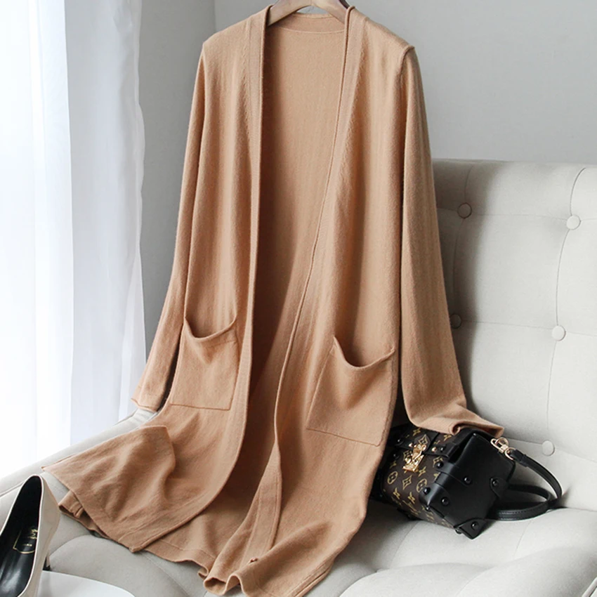 

Women Sweater Long Cardigans 100% Pure Cashmere Knitted Outerwear Hot Sale New Fashion Ladies Cardigan 4Colors Standard Clothes