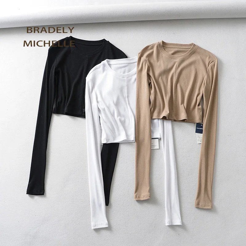 BRADELY MICHELLE 2019 Women Summer Soft Sexy Slim Knitted Cotton Crop Tops Super Long-sleeve Basic O-neck t-shirt female