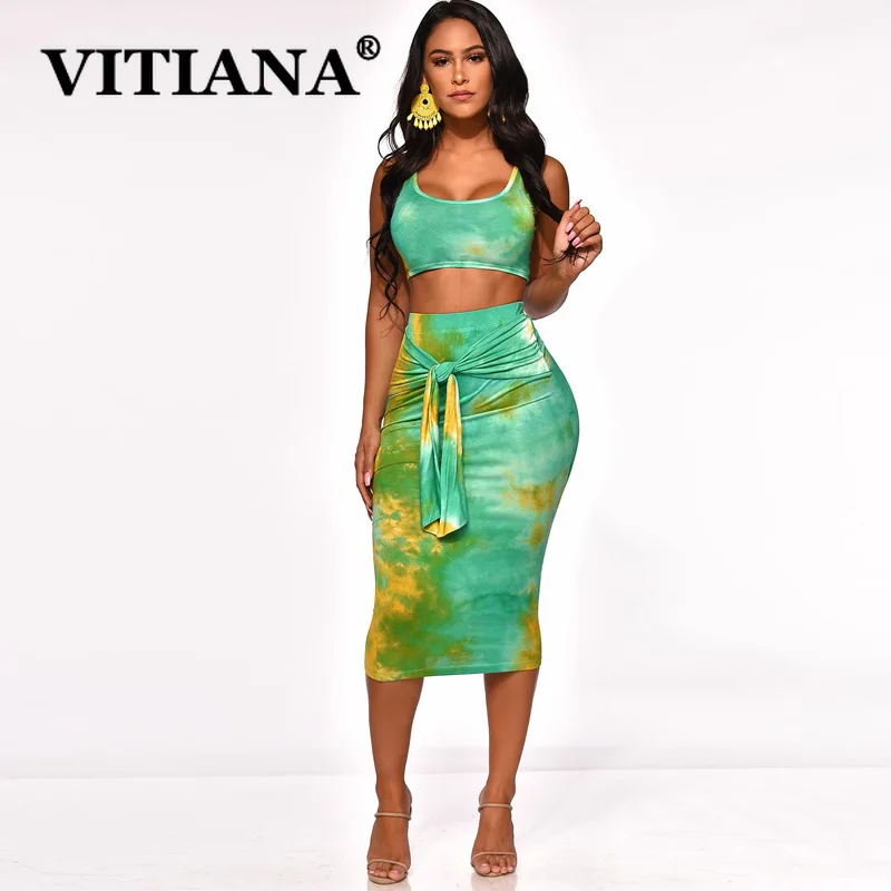 

VITIANA Women Sexy Two Pieces Sets Summer 2019 Female Short Vest Lace Up Skirt Elasticity Printing Slim Beach 2 Piece Set