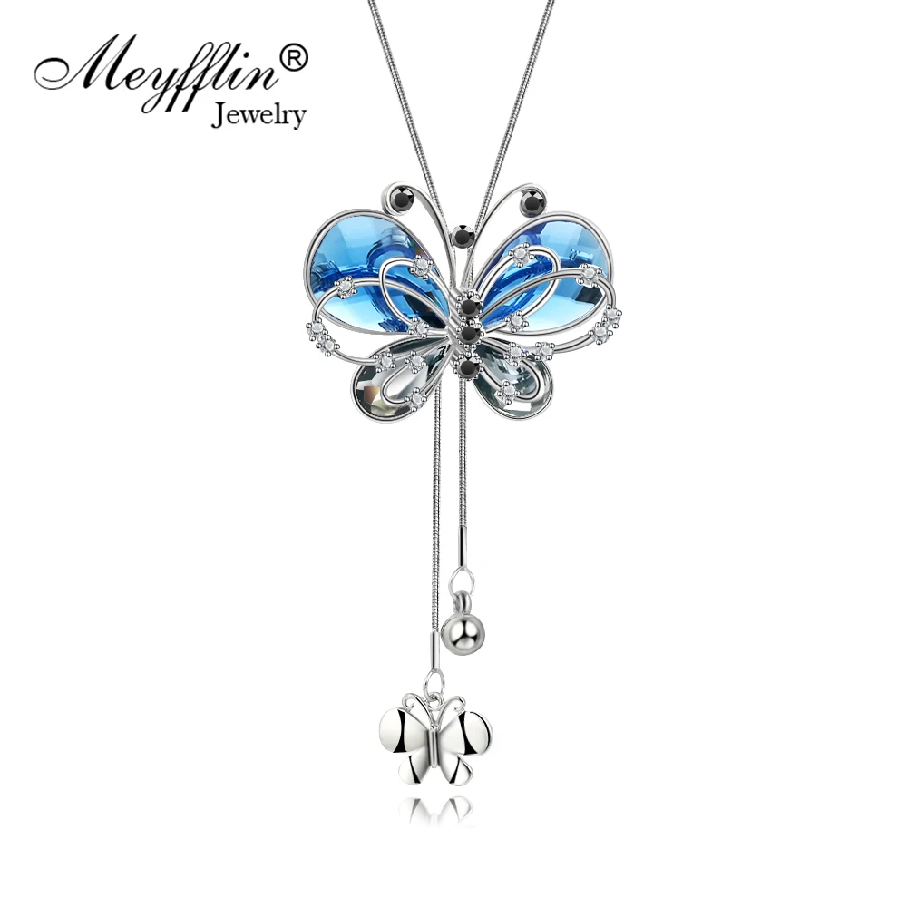 

Meyfflin Blue Butterfly Long Necklace for Women Fashion Snake Chain Crystal Necklaces & Pendants Female Maxi Choker Jewelry 2017