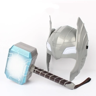 

New Cosplay Toy Thor Mask LED Light and Sound Helmet Mask Weapon Hammer Quake Toy Sets Costume Halloween Party Mask