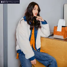 MOFFI Новинка зимы для женщин Мода Кролик Мех животных шить деним с лацканами теплые свободные куртки толстые пальто 1851703