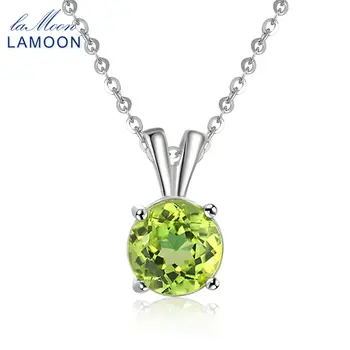 

LAMOON Women Jewelry S925 Sterling Silver Chain Pendant Necklace Natural Gemstone Round Green Peridot Classic Necklaces NI057
